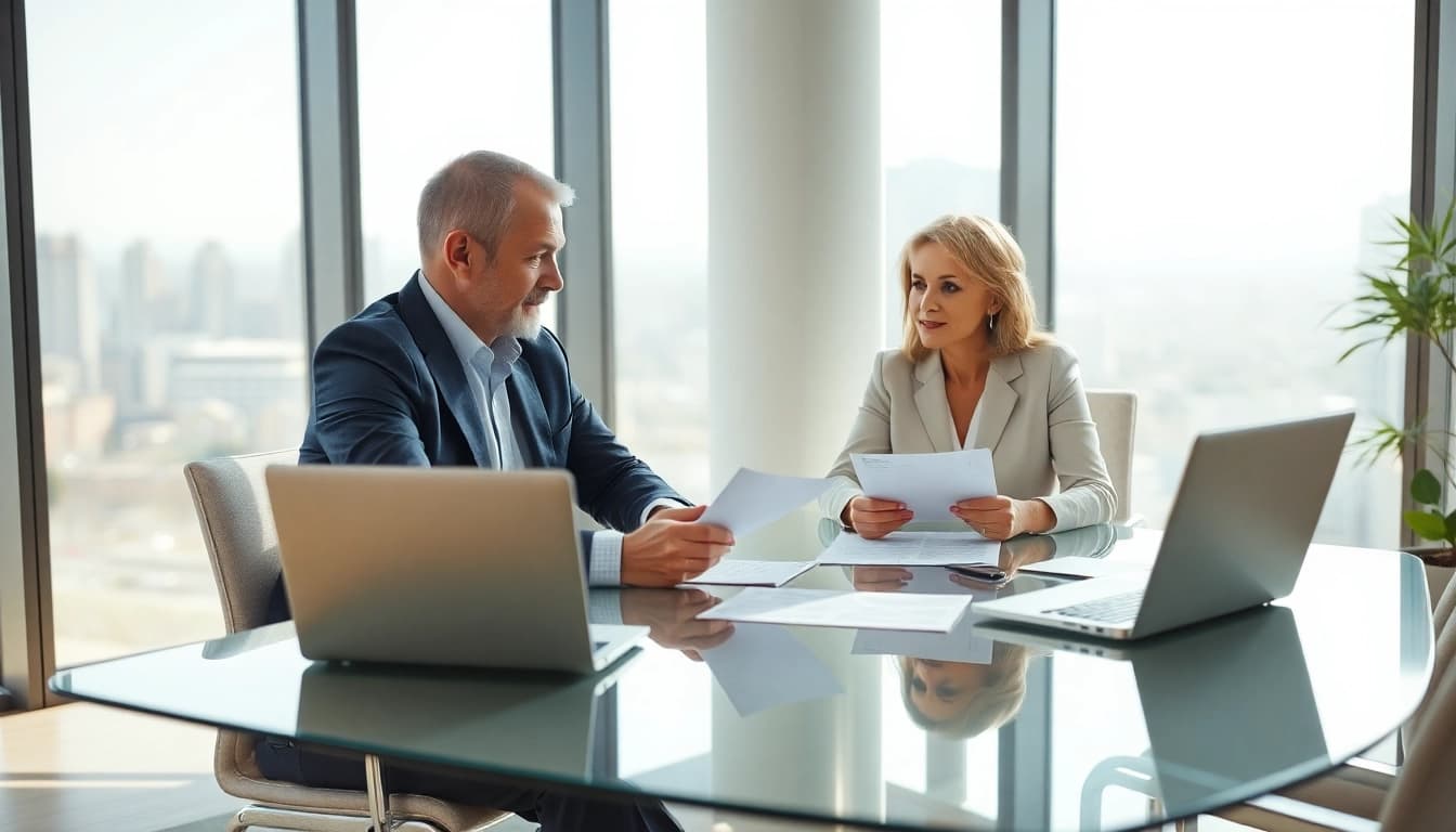 Beratung über Geld von privat mit Finanzexperten in modernem Büro
