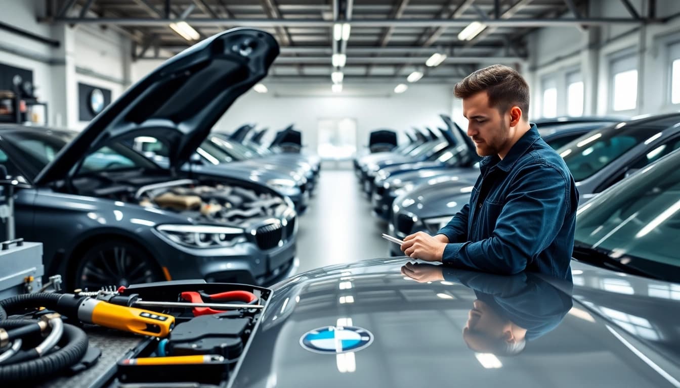 BMW Spezialist in einer professionellen Werkstatt arbeitet an einem BMW Fahrzeug mit hochwertigen Werkzeugen.