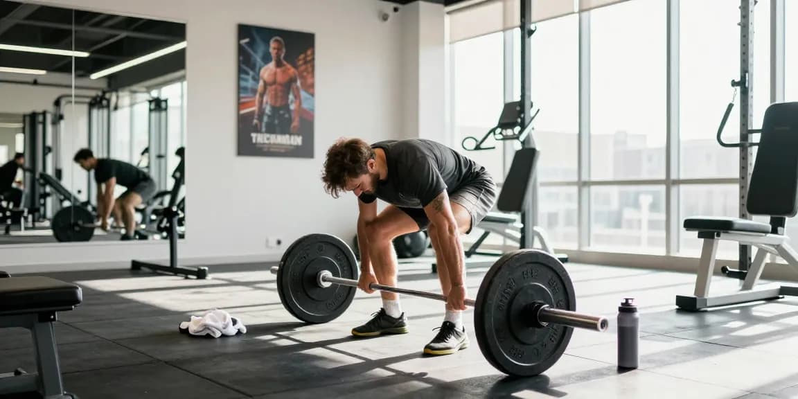 Anabolika Shop - Aktiver Bodybuilder beim Krafttraining mit Gewichten in einem modernen Fitnessstudio, motivierende Atmosphäre.
