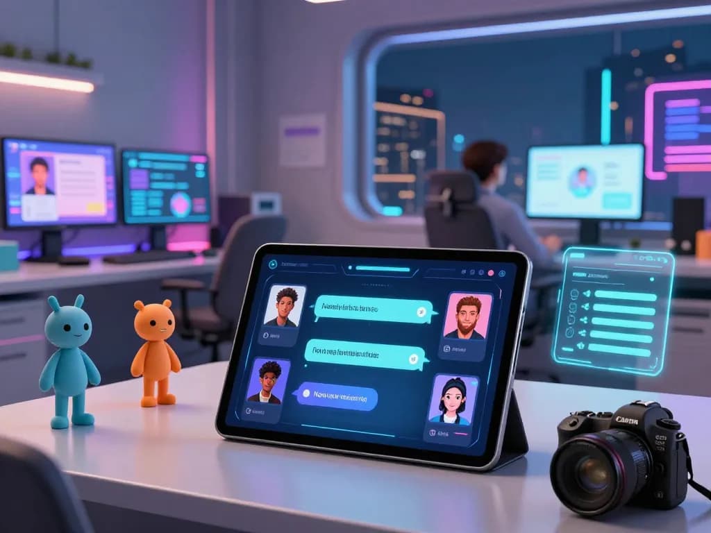 Engaging NSFW chat bot interface surrounded by vibrant avatars in a futuristic tech lab.
