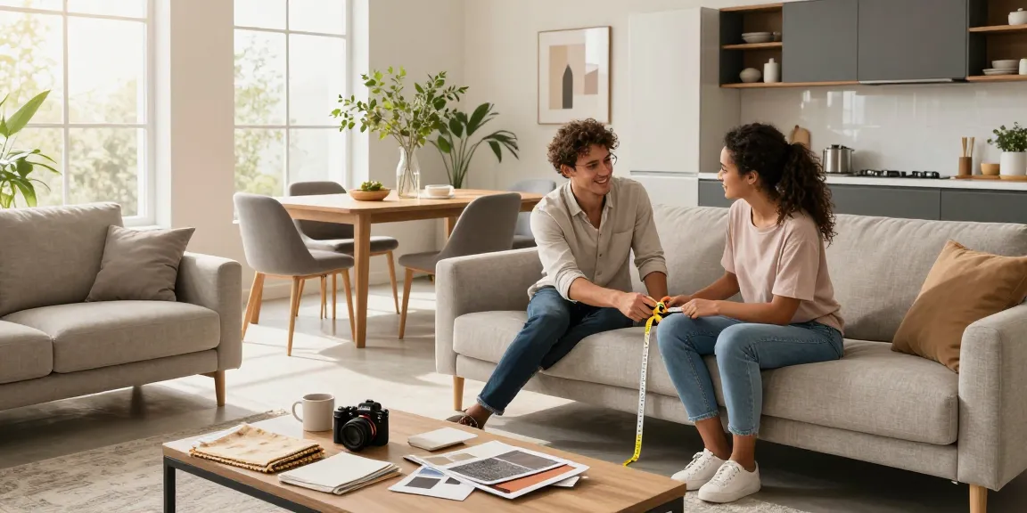 Paar erkundet moderne Möbeloptionen beim Möbel Deutschland Online Kaufen in einem stilvollen Wohnzimmer.