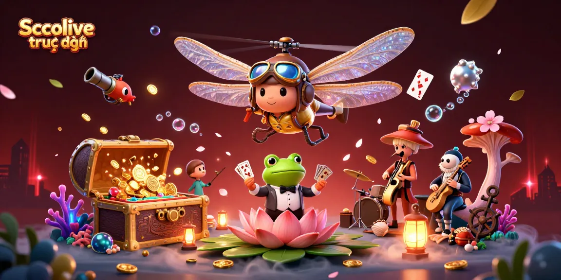 Experience Socolive trực tiếp with a vibrant casino scene showcasing a magical dragonfly pilot and frog croupier.