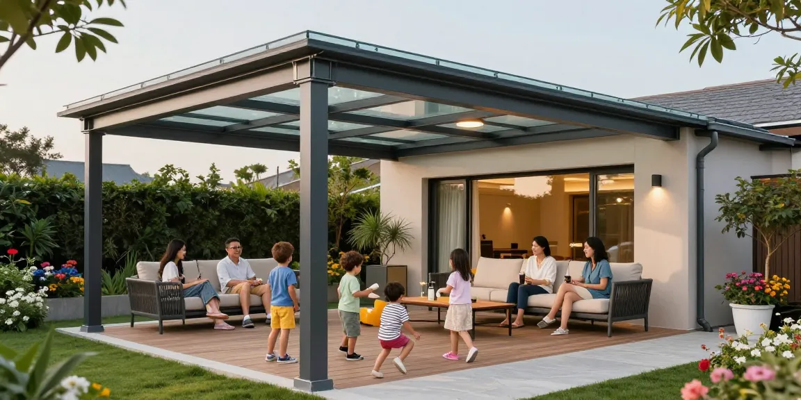Moderne Terrassenüberdachung in einem Garten mit entspannenden Familienaktivitäten am Nachmittag