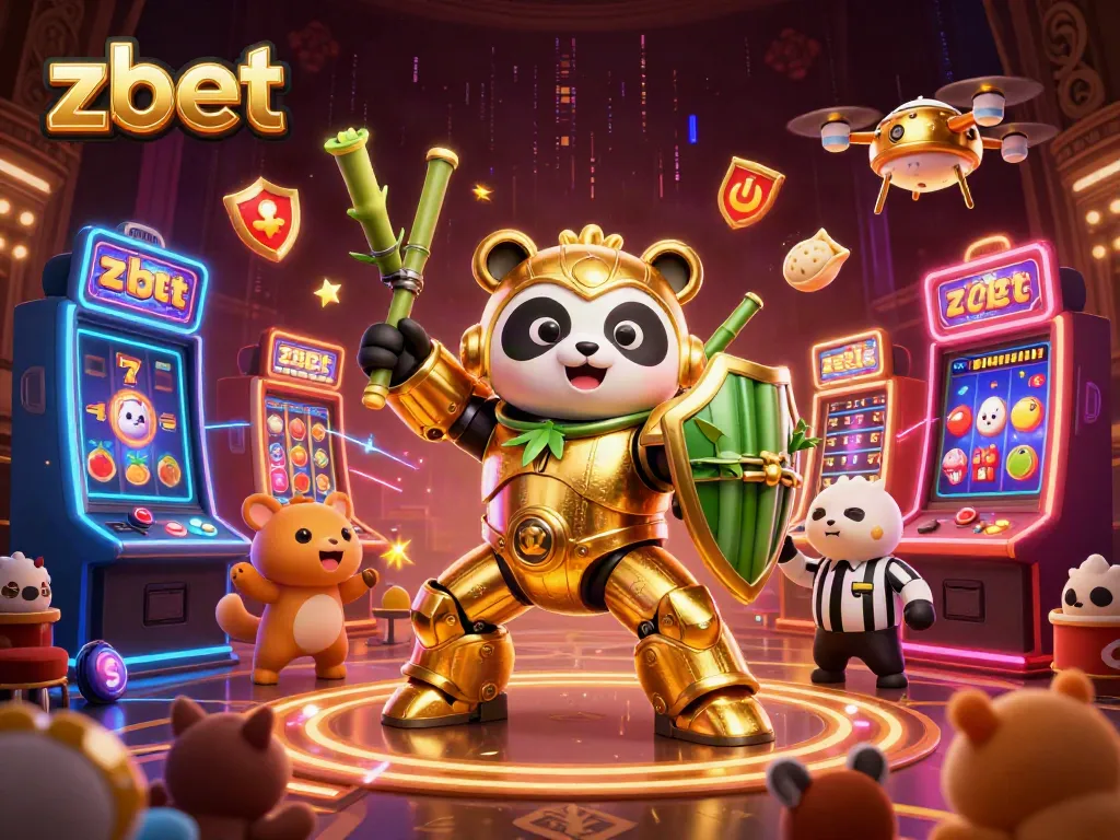 Experience thrilling zbet gaming with a vibrant 3D depiction of a golden panda in a mech suit, piloting a slot-themed arena.