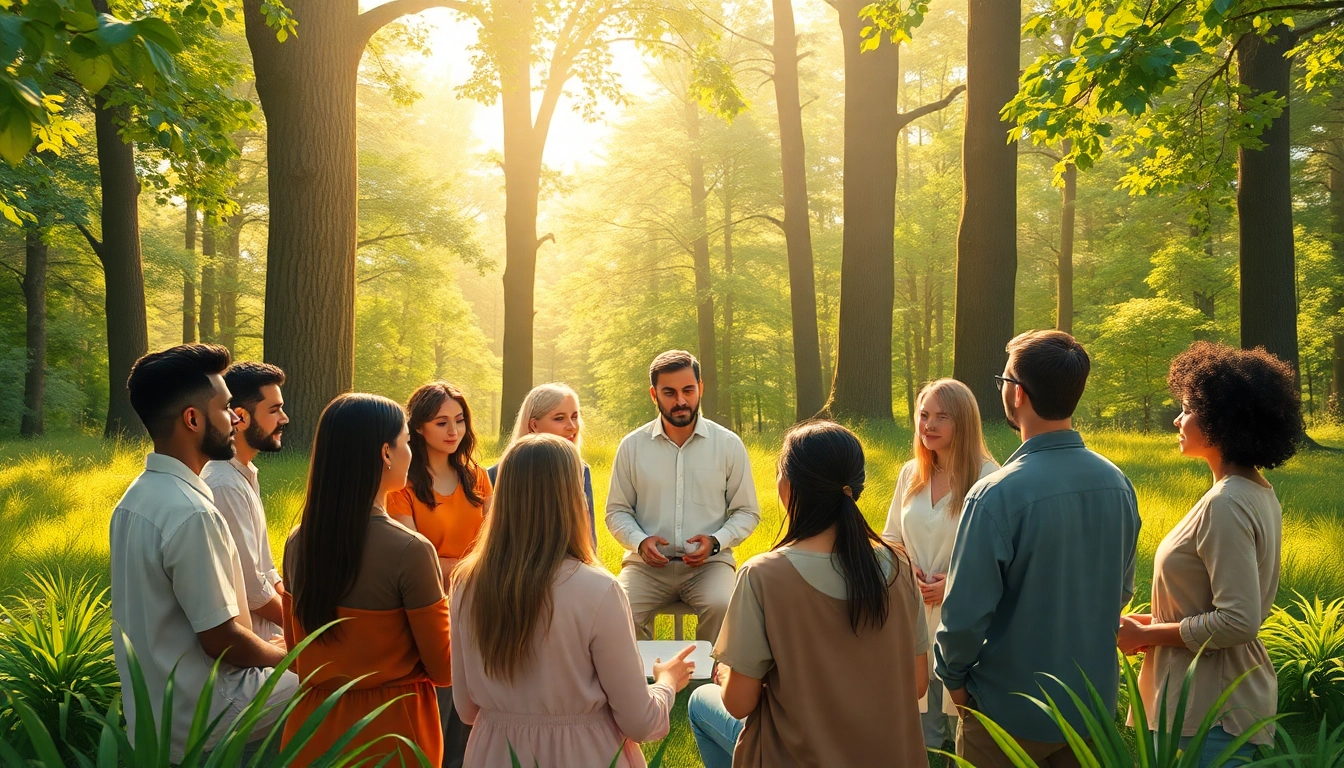 In einem Schutzgebet vereinte Gruppe in Natur, umgeben von sanften Licht und beruhigenden Farben.