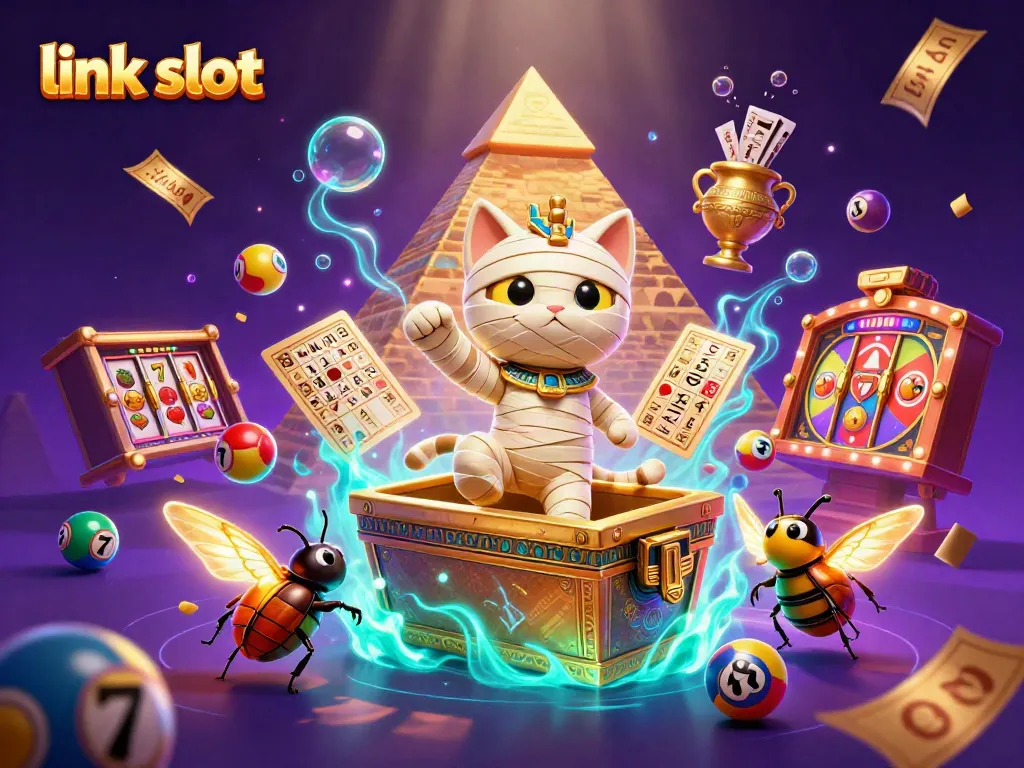 Engaging scene of the Egyptian mummy cat and scarab beetle amidst colorful lottery balls, representing link slot excitement.