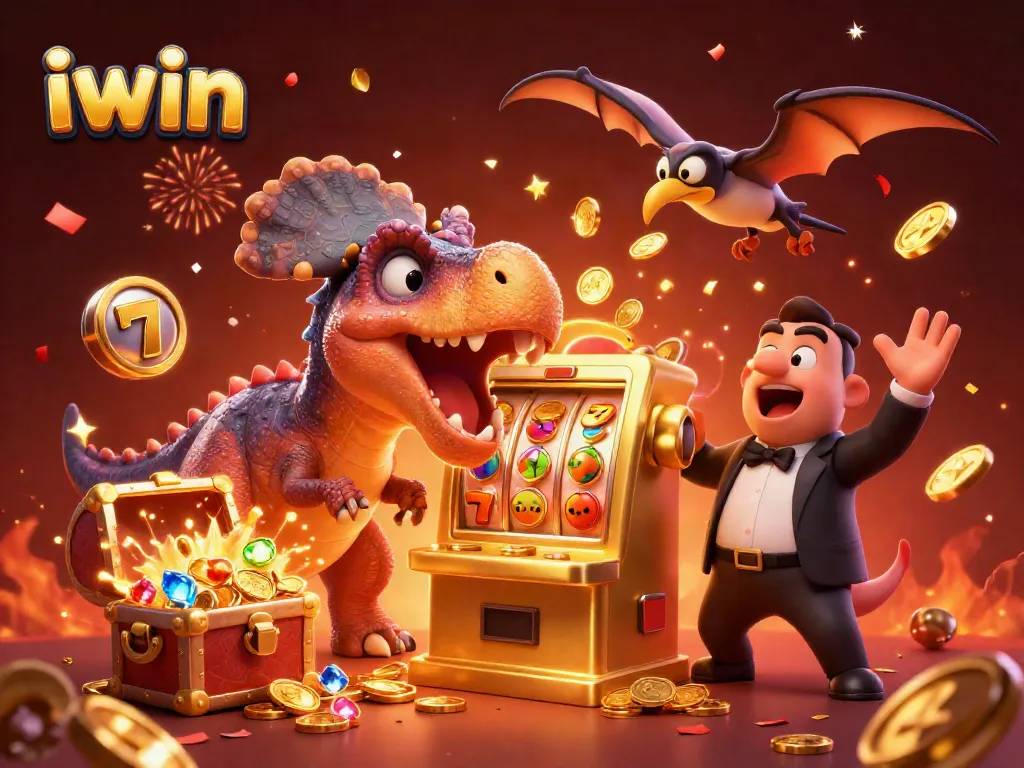 iwin showcases a fun casino scene with a dinosaur hitting a jackpot, embodying excitement and chance.