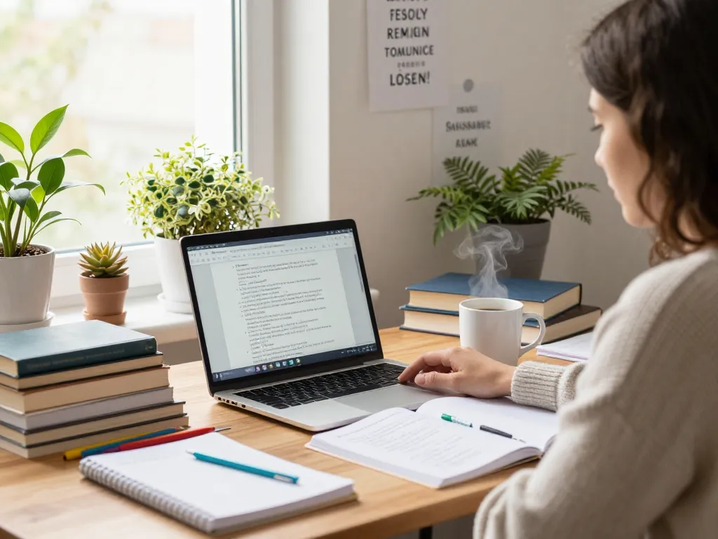 Student, der sich mit Hausaufgaben lösen beschäftigt, mit Laptop und Büchern in einem hellen Arbeitszimmer