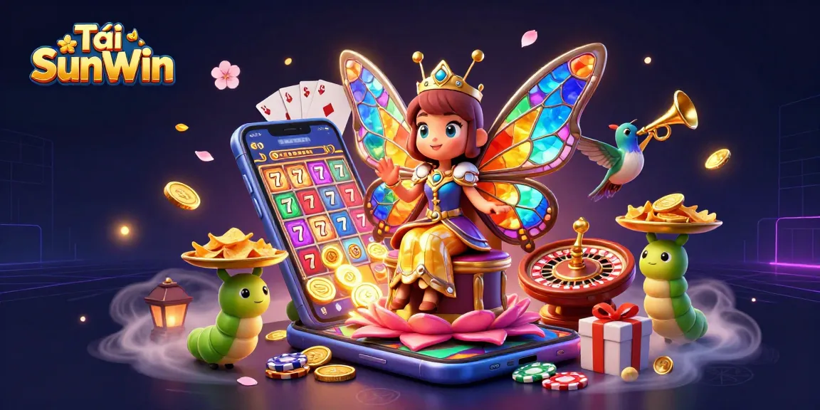 Spin the reels with Tải SunWin's vibrant 3D casino scene showcasing a butterfly queen and gaming elements.