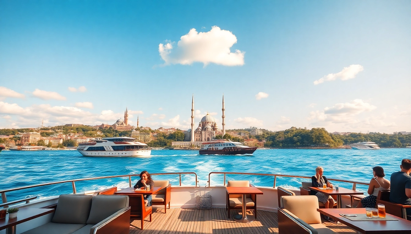 Bosphorus daytime cruise with elegant boats navigating the scenic waters of Istanbul, showcasing iconic landmarks.