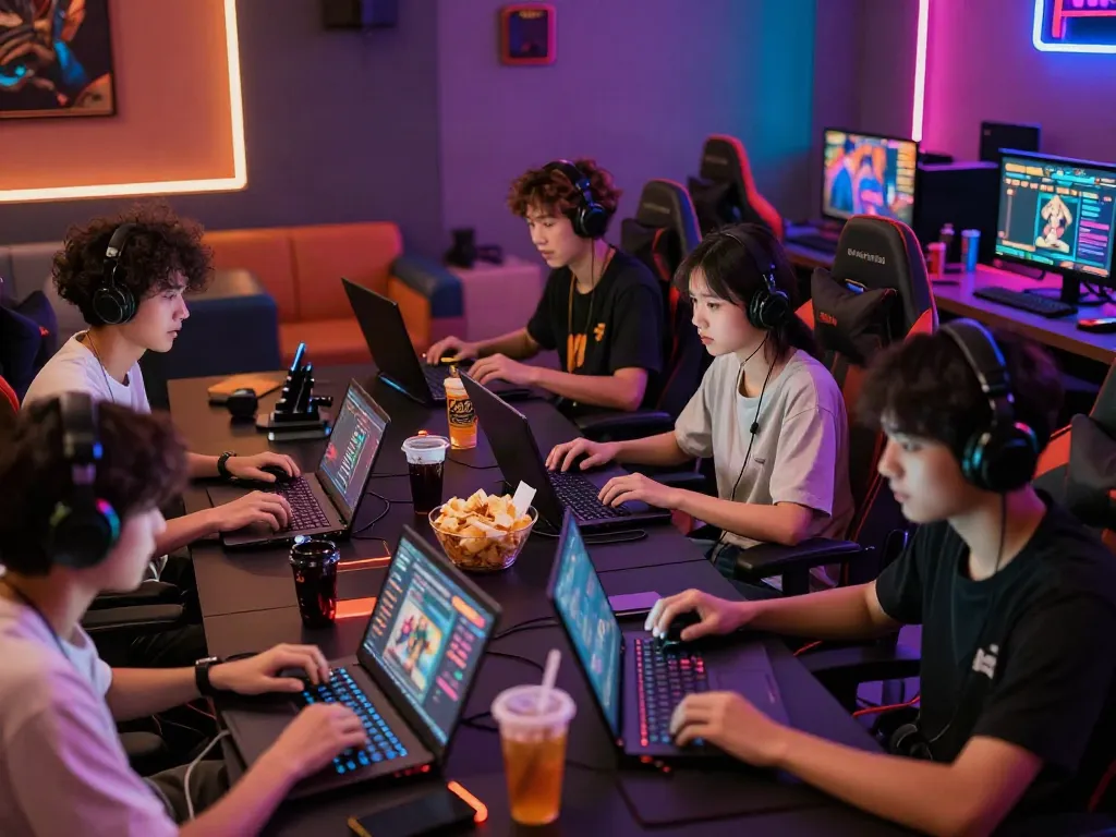 Community of players enjoying game bài rikvip in a vibrant gaming lounge with laptops and snacks.