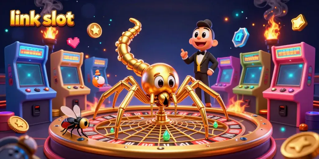 Engage in the thrill of casino gaming with "link slot" featuring a dynamic scene of a golden spider roulette