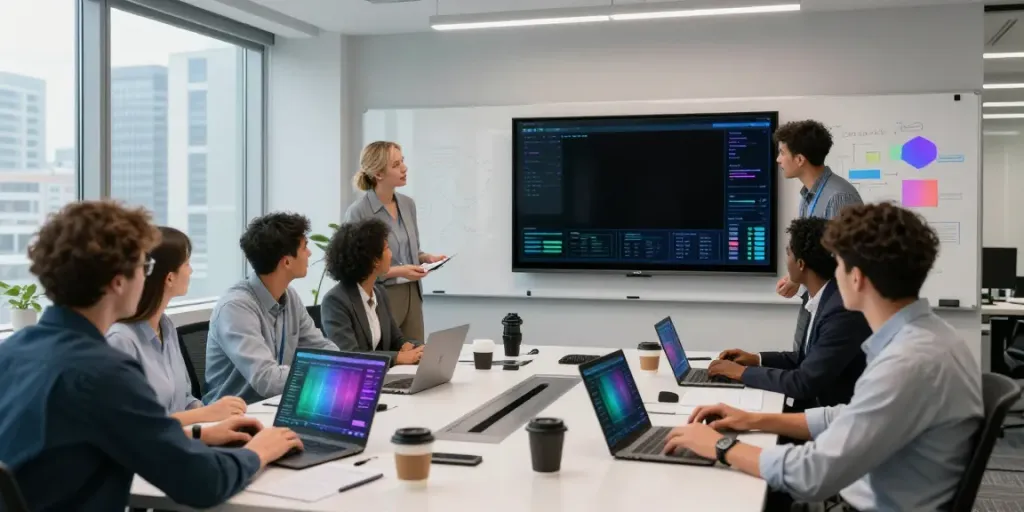 IT Support Frankfurt: Ein engagiertes Team bei der Arbeit an Cybersecurity-Dashboards in einem modernen Büro.
