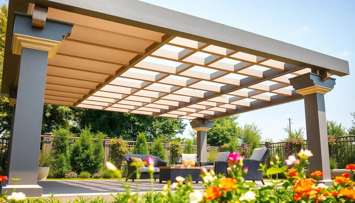 Hier klicken und informieren ueber stilvolle Terrassenueberdachungen in einem bluehenden Garten.