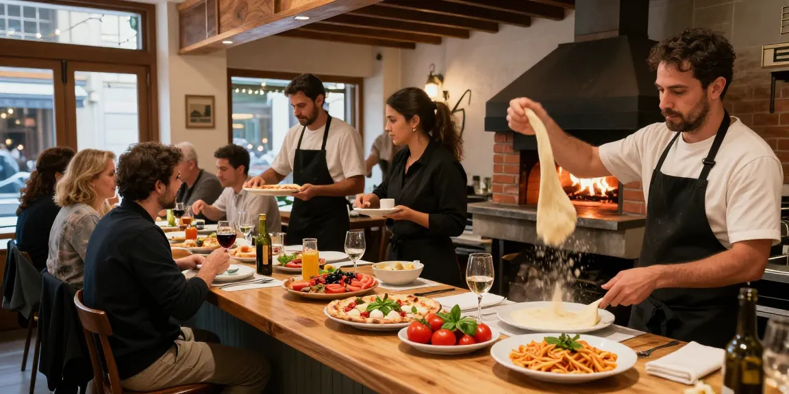Delicious Italian pizza preparation showcasing pg soft dough in a vibrant pizzeria setting.