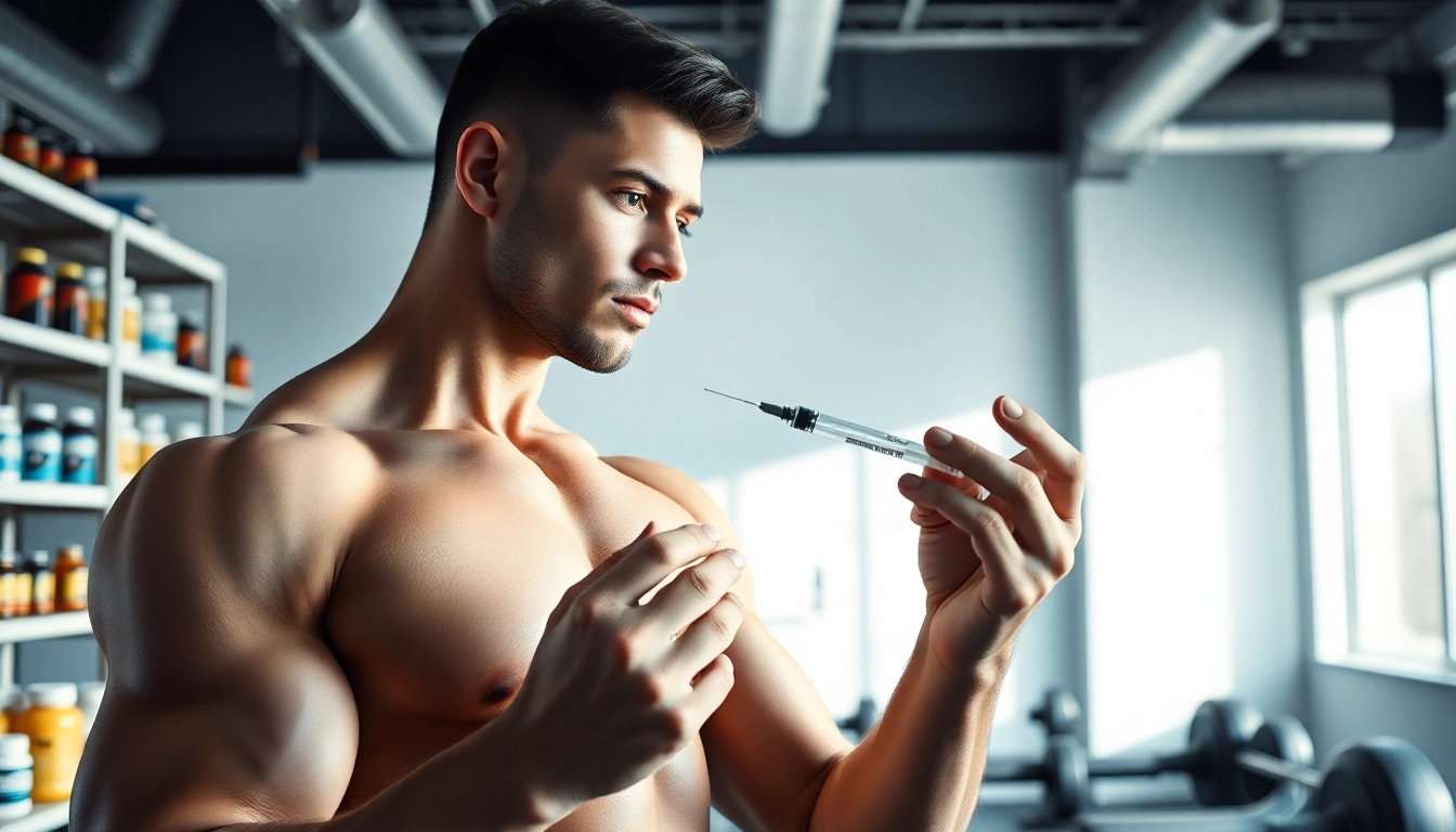 Sustanon kaufen mit einem Fitnessprofi, der eine Injektion in einem modernen Fitnessstudio verabreicht