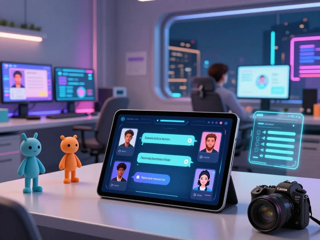 Engaging NSFW chat bot interface surrounded by vibrant avatars in a futuristic tech lab.
