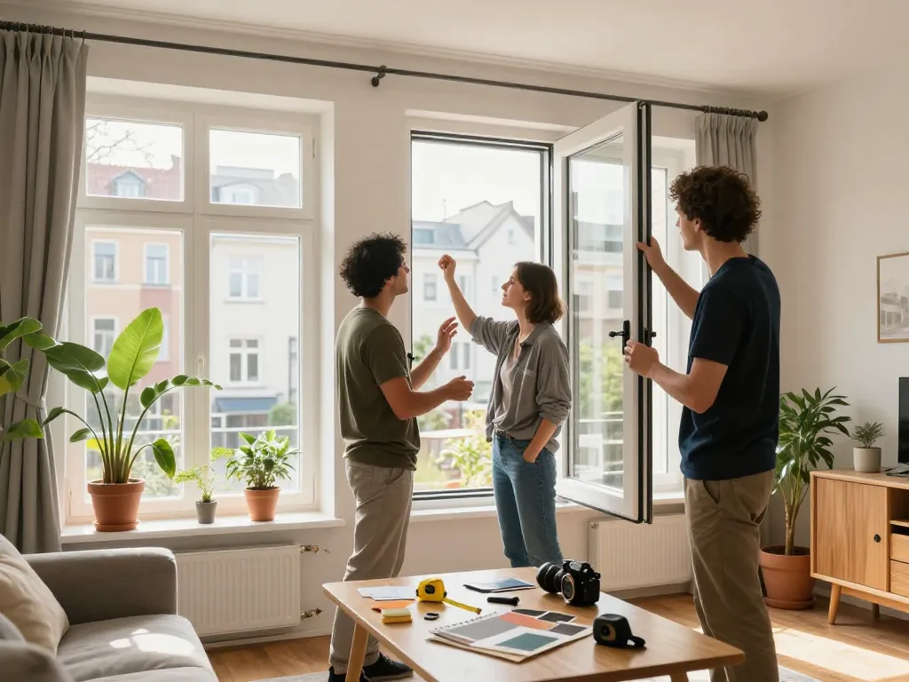 Fensterinstallationsprofi bespricht Fensterbau Düsseldorf mit Hausbesitzer in einem hellen Wohnzimmer.