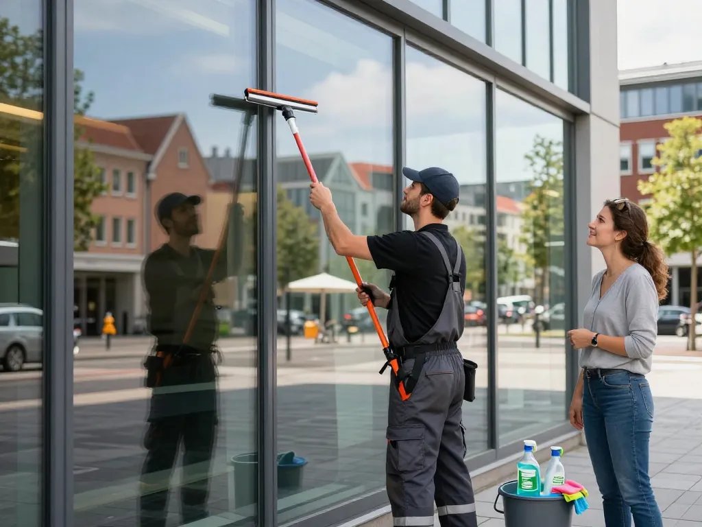 Fenster- und Glasreinigung in Münster, mit einem Techniker, der moderne Bürofenster reinigt und das Stadtleben widerspiegelt.