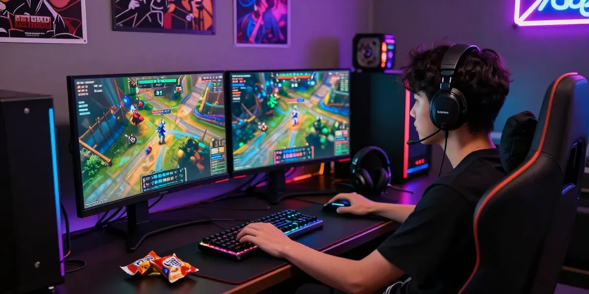 Immersive สล็อตเว็บตรง gaming scene with vibrant graphics and dual monitors, showcasing modern gaming culture.