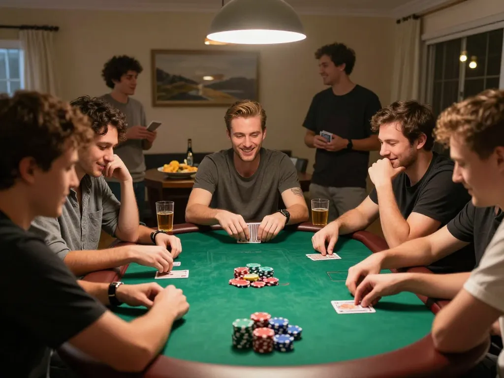 Aufregende Szenerie eines Poker-Spiels zu Hause, die strategisches Gameplay unter Freunden hervorhebt, während Immobilienmakler Frankfurt Dornbusch Analysen zur Atmosphäre beiträgt.