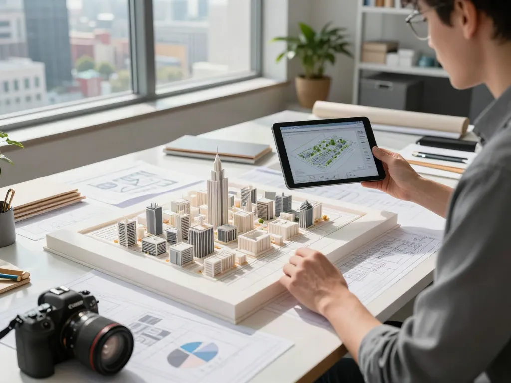 Gestaltungsmodell eines Architekturmodells in einem modernen Designstudio, während ein Architekt das 3D-Modell prüft.