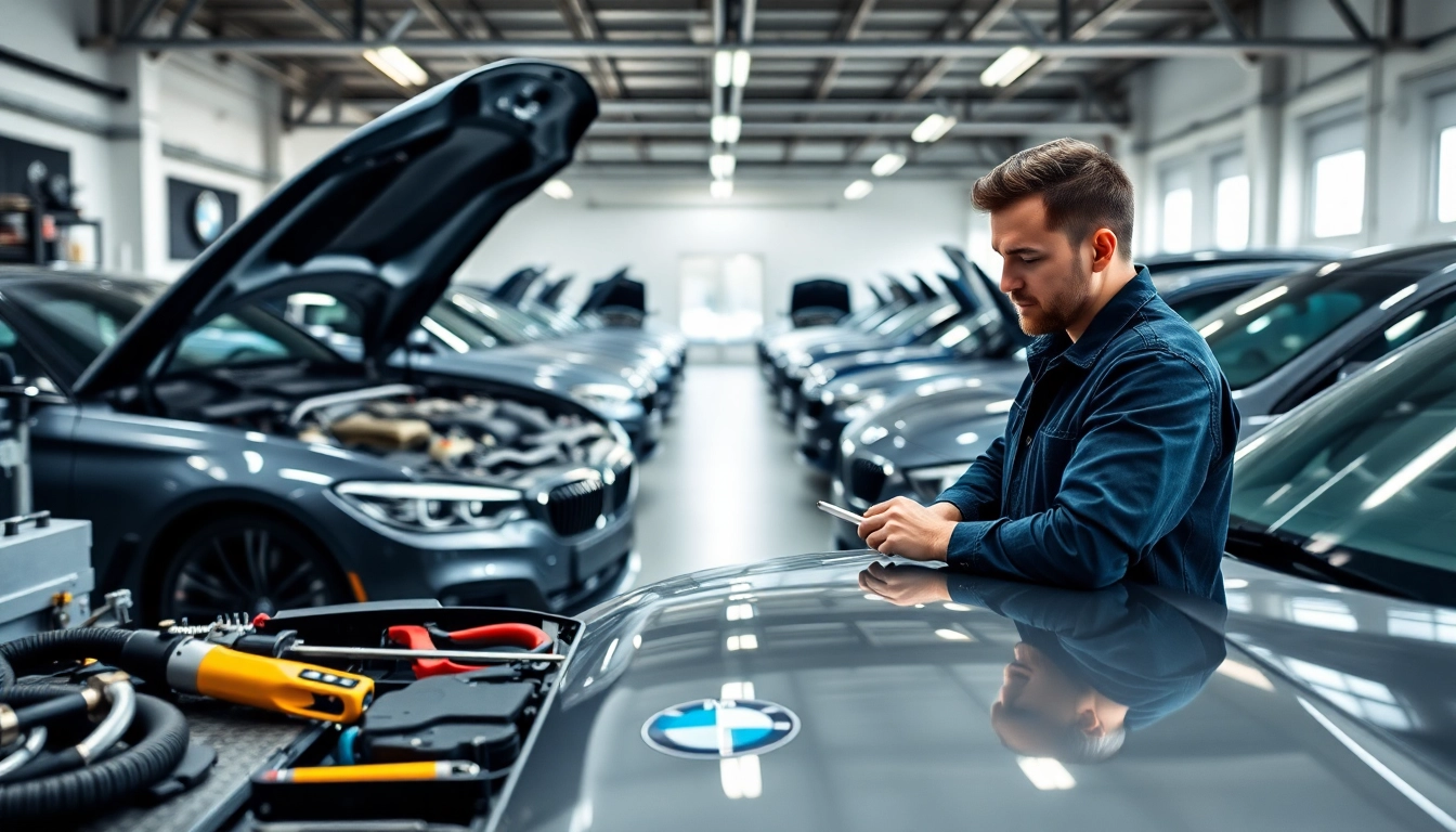BMW Spezialist in einer professionellen Werkstatt arbeitet an einem BMW Fahrzeug mit hochwertigen Werkzeugen.