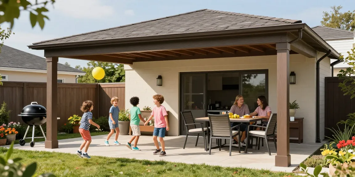 Terrassenüberdachung freistehend in einem einladenden Garten mit Familie und Spielzeugen.