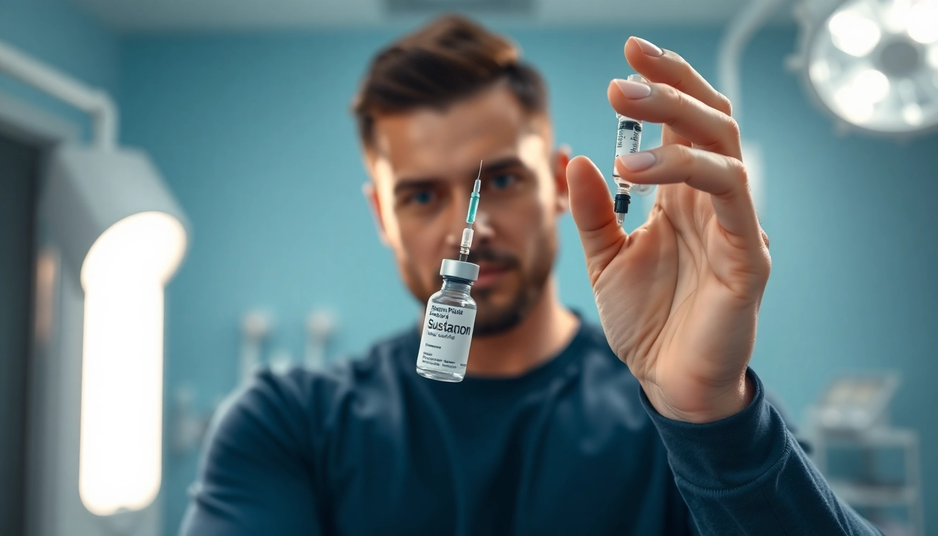 Mit sustanon kaufen zeigt ein Fitnesscoach die richtige Injektionstechnik in einer sauberen medizinischen Umgebung.