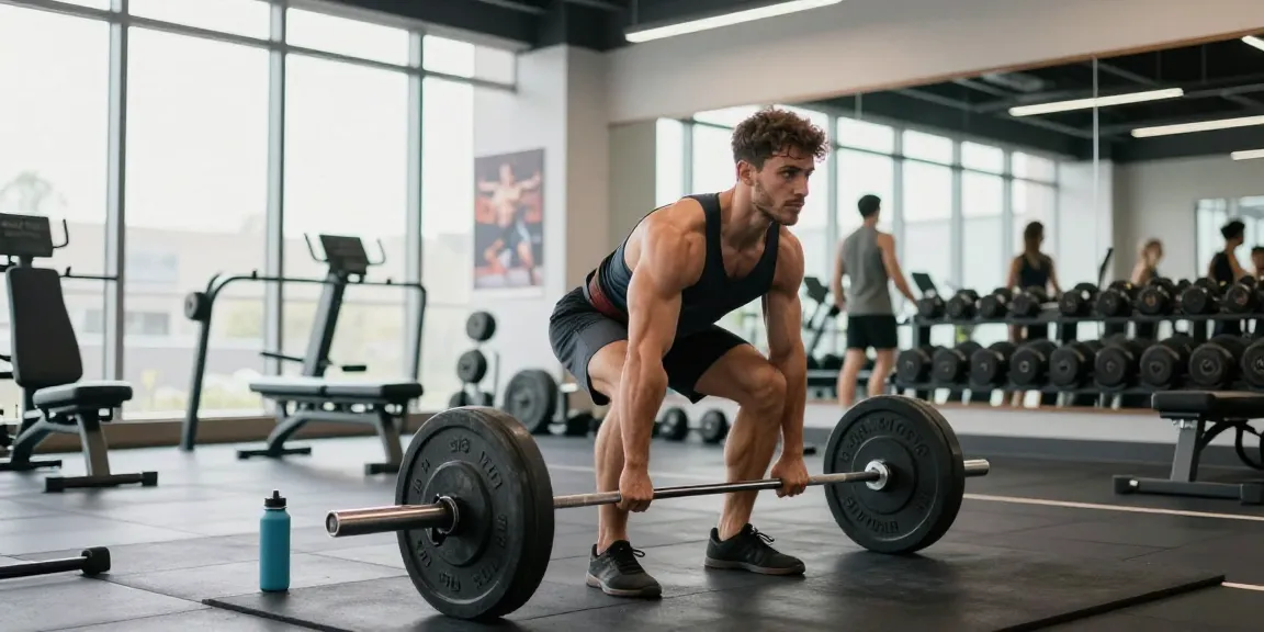 Anabolika Shop: Fitnessatmosphäre mit Bodybuilder, der Gewichte hebt, zur Förderung von Muskelaufbau und Stärke.