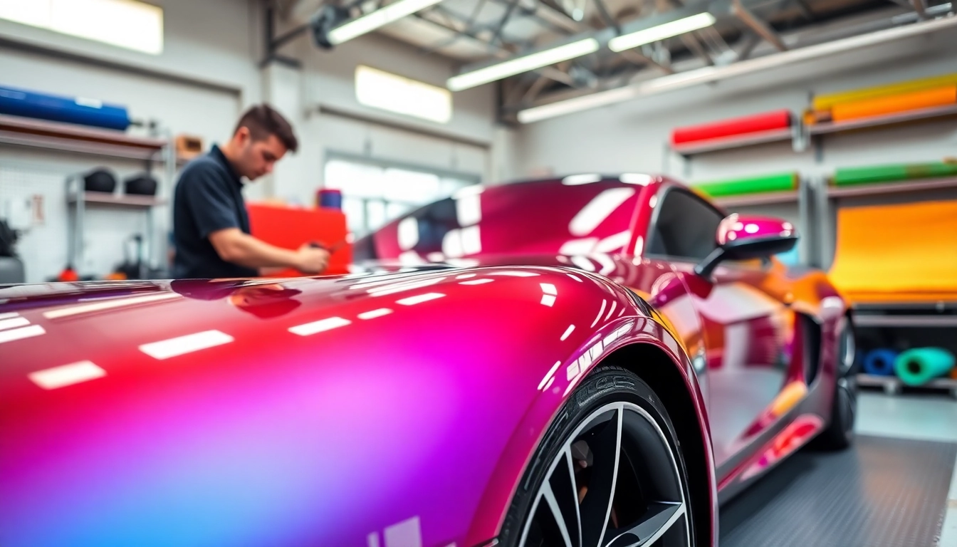 Auto Folie München - Fachkraft wendet hochwertige Autofolie in einer modernen Werkstatt an.