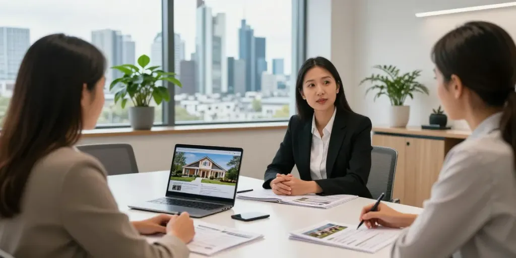 Bester Immobilienmakler Frankfurt berät Kunden in modernem Büro mit Blick auf die Frankfurter Skyline.