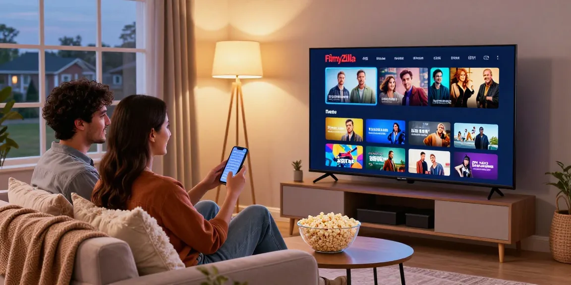 Couple enjoying FilmyZilla movie night at home with cozy sofa setup.