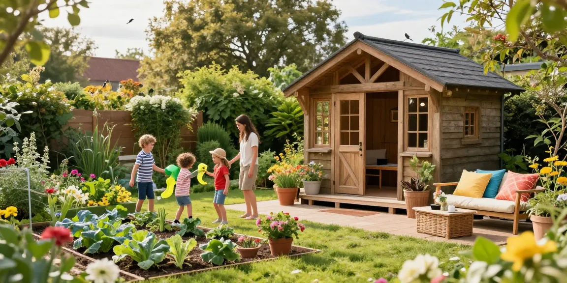 Gemütliches Garten Haus umgeben von blühenden Pflanzen und einer Familie, die Zeit im Freien verbringt.
