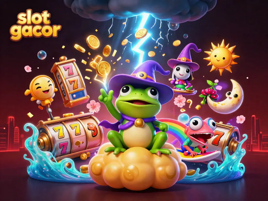 Experience the thrill of slot gacor with a storm of golden coins and vivid fantasy characters in this dynamic illustration.