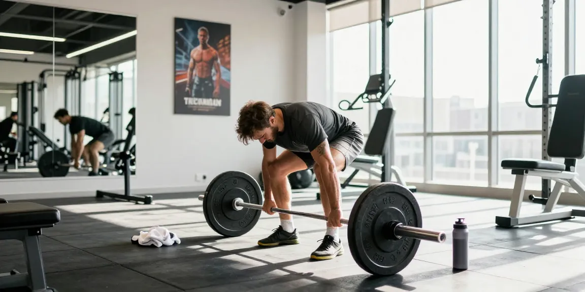 Anabolika Shop - Aktiver Bodybuilder beim Krafttraining mit Gewichten in einem modernen Fitnessstudio, motivierende Atmosphäre.