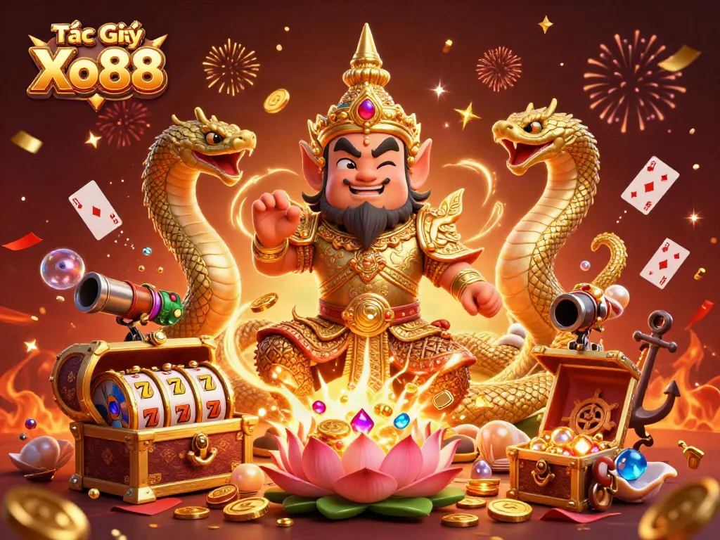 Tác Giả Xo88 showcases a vibrant 3D casino scene with a guardian, Naga companions, and festive elements.