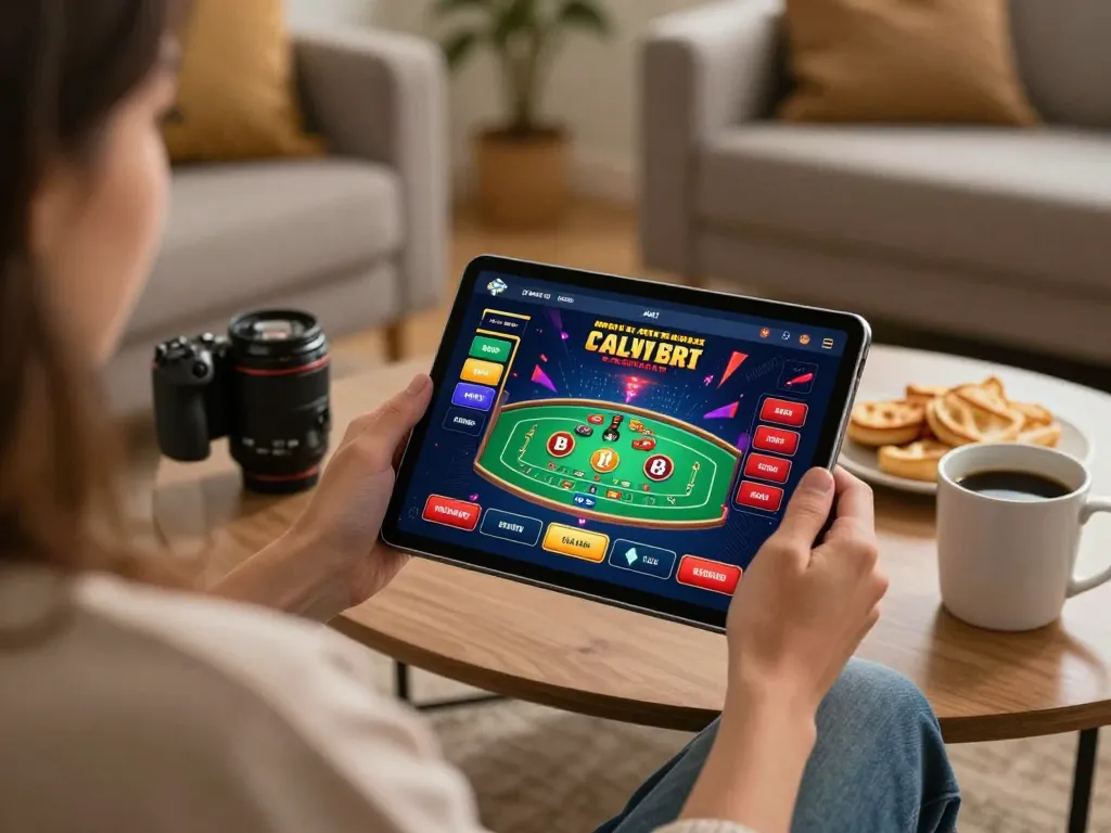 Engaging moment on Trang chủ SC88, featuring a person using a casino app on a tablet in a cozy home setting.