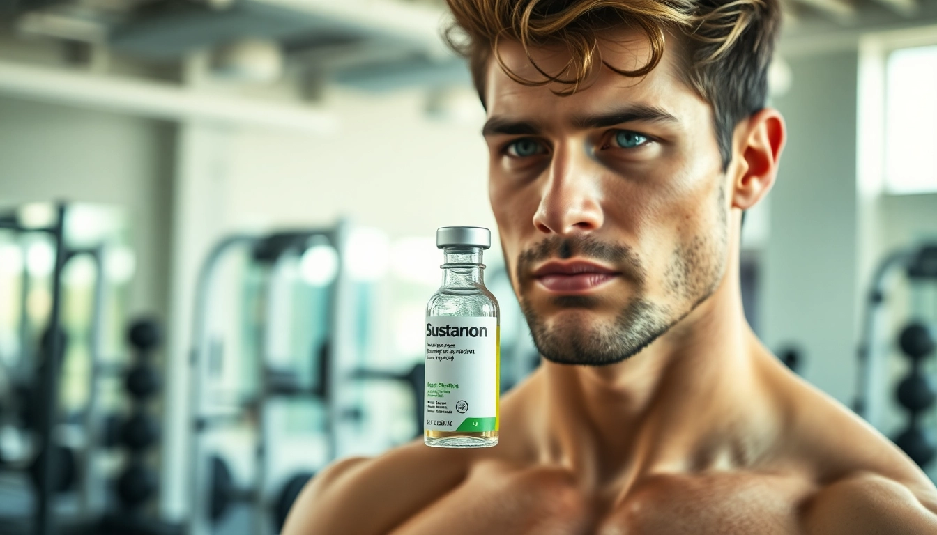 Vial of Sustanon kaufen in modernem Fitnessstudio, ideal für Muskelsteigerung.