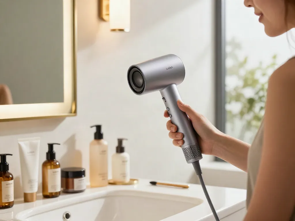Moderne Badezimmeransicht mit Laifen Produkten, Hochgeschwindigkeits-Haartrockner und eleganten Pflegeartikeln in Laifen Deutschland.