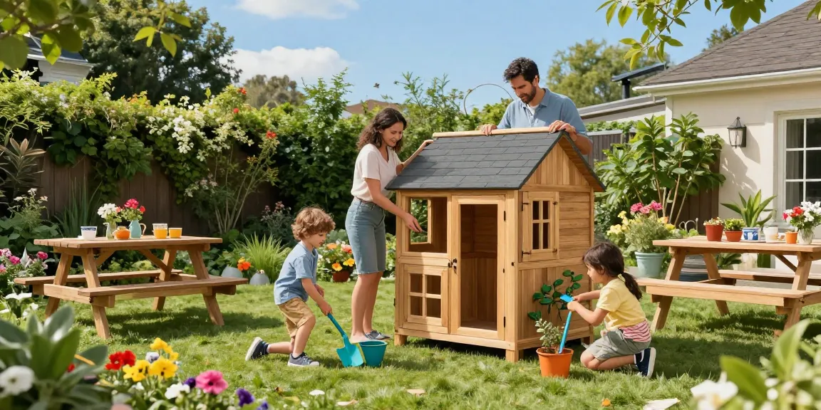 Gartenhaus kaufen: Familie baut gemeinsam ein Holz-Gartenhaus im Garten auf, umgeben von Pflanzen und Blumen.