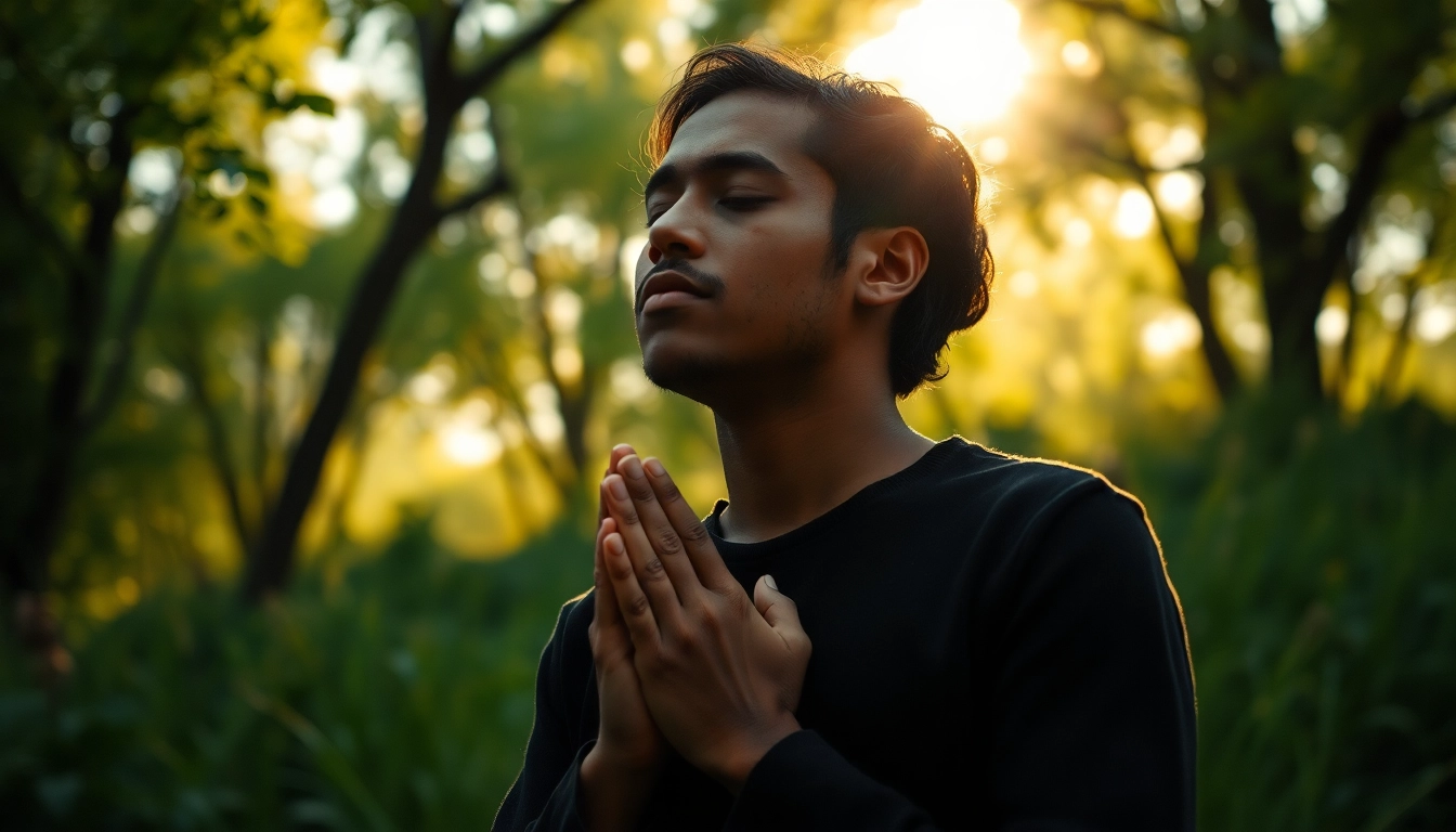 Praying for protection during the schutzgebet in a peaceful natural setting.