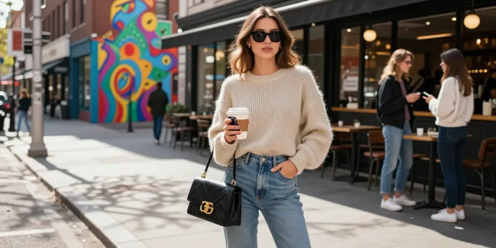 Modebewusste Frau in urbaner Umgebung, die den Lady-Lifestyle verkörpert und mit Freunden im Café entspannt.