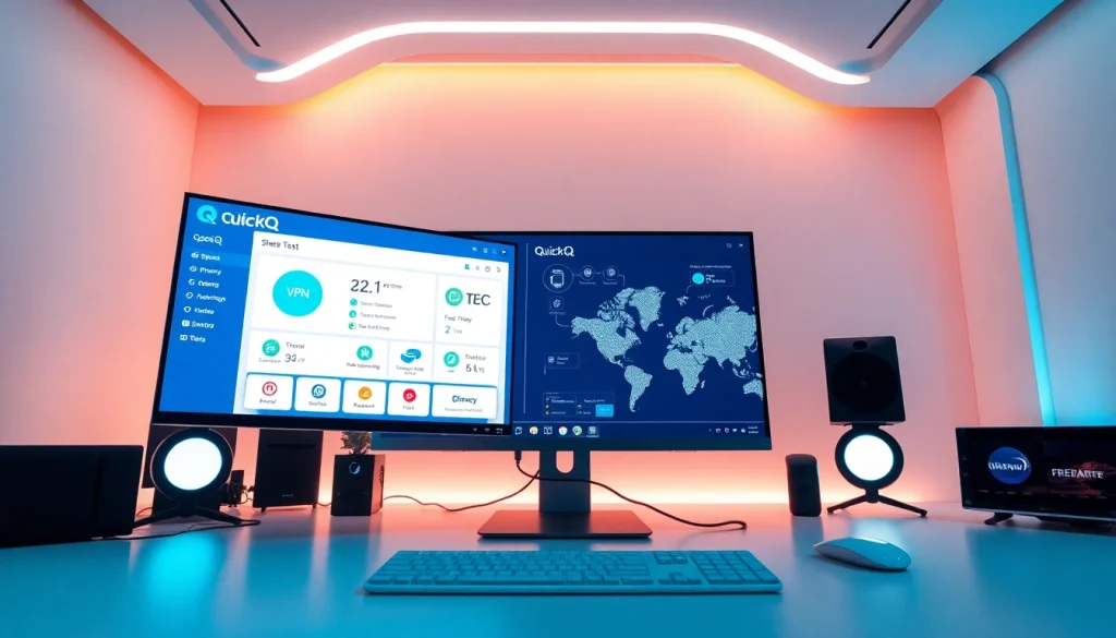 QuickQ VPN 界面在一台时尚电脑上显示，展示速度与安全特性。