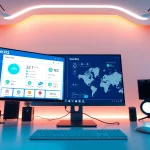 QuickQ VPN 界面在一台时尚电脑上显示，展示速度与安全特性。