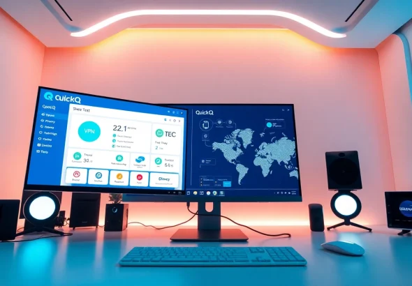 QuickQ VPN 界面在一台时尚电脑上显示，展示速度与安全特性。