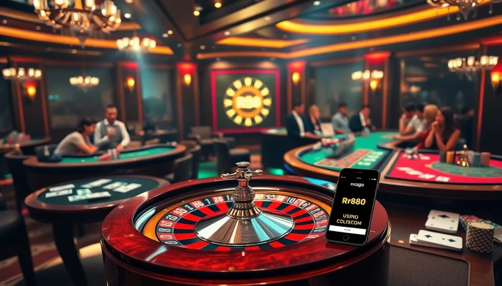 Experience the thrill of rr88com casino action with players enjoying roulette and poker in a vibrant setting.