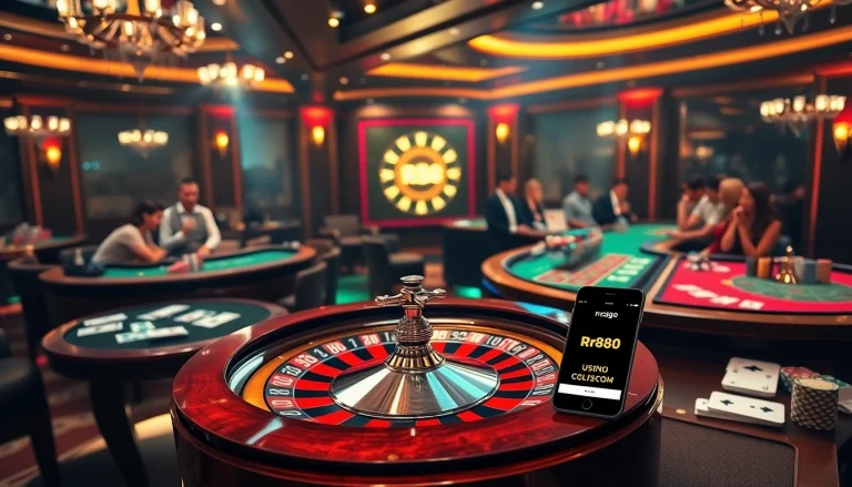 Experience the thrill of rr88com casino action with players enjoying roulette and poker in a vibrant setting.
