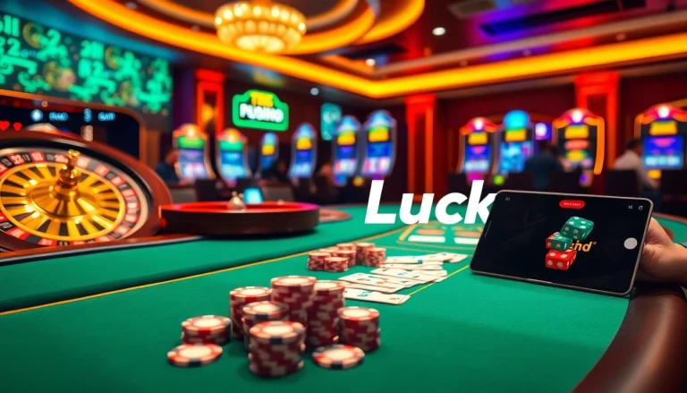 Experience excitement on the Trang chủ Luck8 with a vibrant casino scene full of tables and slots.