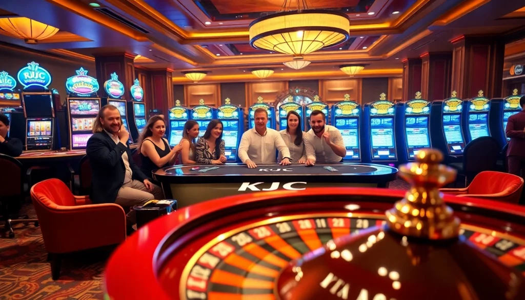KJC players enjoying a thrilling poker game in a luxurious casino setting.
